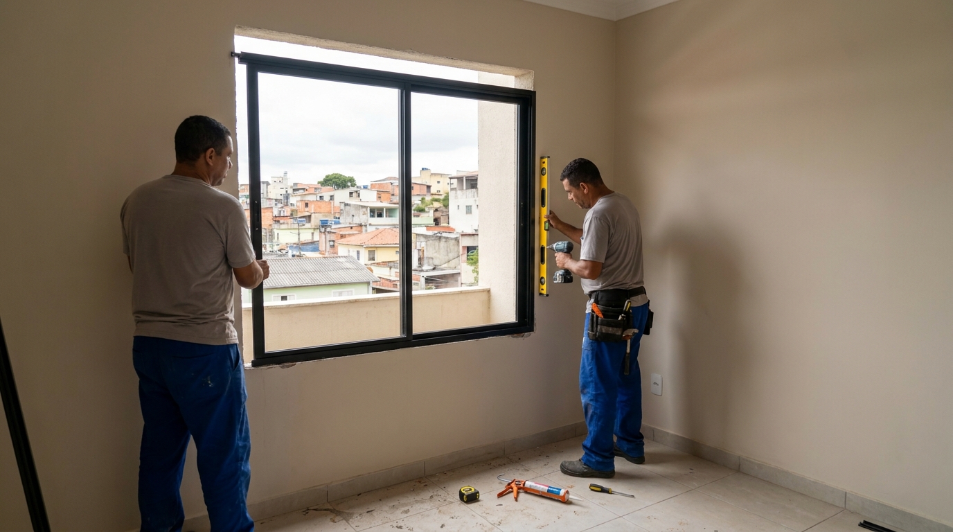 Esquadria de alumínio em quarto bege em Lauro de Freitas-BA